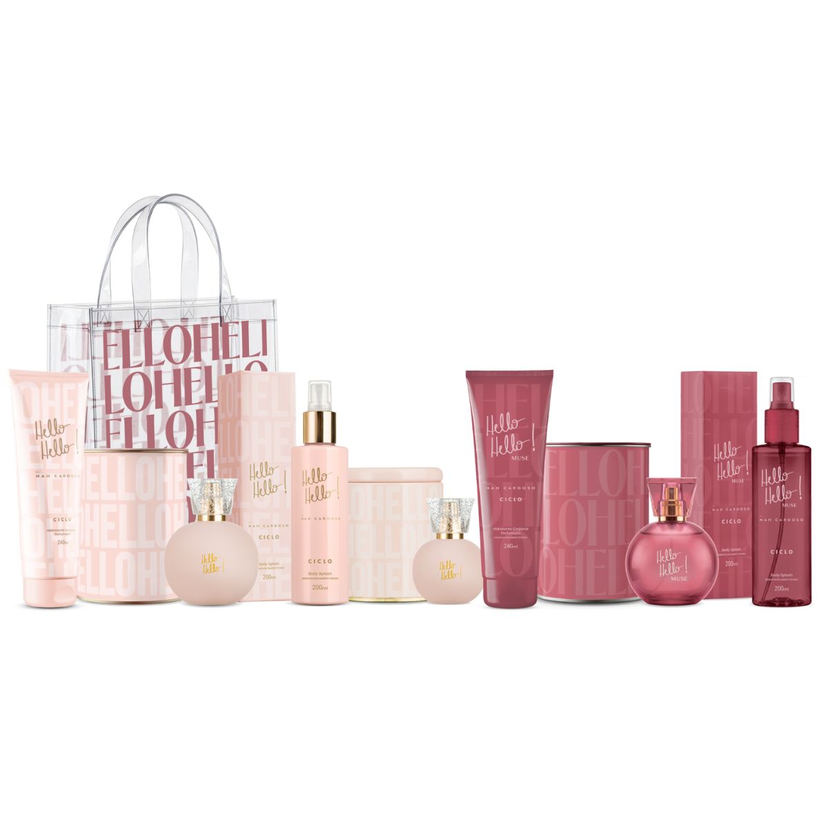 Combo Hello Hello + Muse Linhas Completas 7 Peças + Sacola Exclusiva Perfume Deo Colônia Body