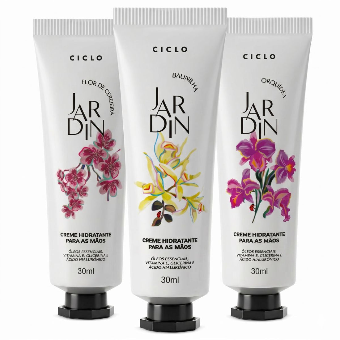 Combo 3 Cremes De Mãos 30ml Baunilha + Orquidea + Flor de Cerejeira
