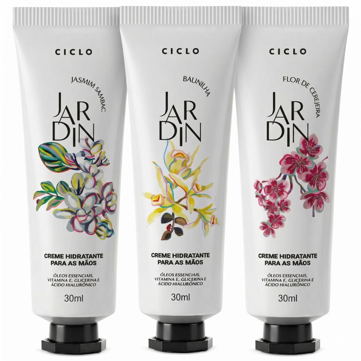 Combo 3 Cremes De Mãos 30ml Jasmin + Baunilha + Flor De Cerejeira